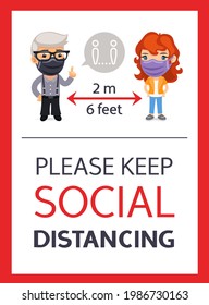 Please keep social distancing sign. Vertical poster with flat cartoon masked characters man and woman.