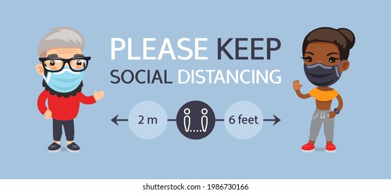 Please keep social distancing sign. Horizontal poster with flat cartoon masked characters man and woman.
