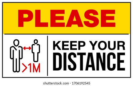 please keep your distance 1 meter warning and attention icon sticker. man face in mask icon danger sign for institution, COVID 19 epidemic and pandemic symbol. prevention coronavirus template sticker