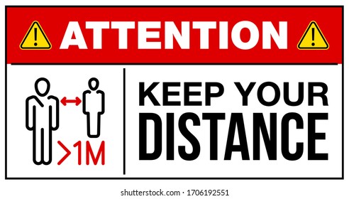 please keep your distance 1 meter warning and attention icon sticker. man face in mask icon danger sign for institution, COVID 19 epidemic and pandemic symbol. prevention coronavirus template sticker