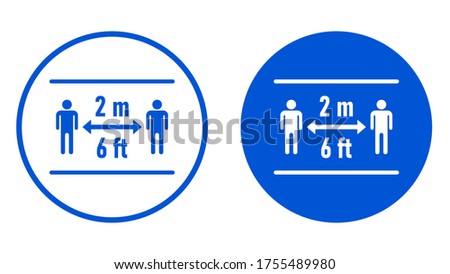 Please Keep Your Distance 2 Metres or 6 Feet Round Social Distancing Floor Marking Adhesive Badge Icons. Vector Image.