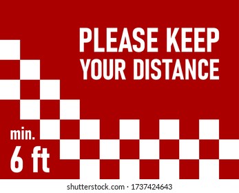 Please Keep Your Distance 6 ft or 6 Feet Rectangular Checkered Social Distancing Floor Marking Sticker Icon with an Aspect Ratio of 4:3. Vector Image.