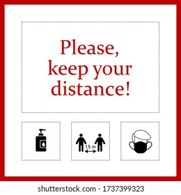 Please keep your distance banner with icons for outdoor. Infographic design distance away line icon in the meeting