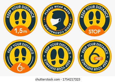 Please keep your distance. Collections of social distancing marking round floor stickers. To protect yourself from the covid-19 coronavirus. Vector flat design.