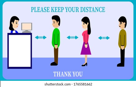 please keep your distance, man and woman character ,when waiting in line at the cashier