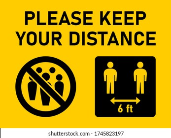 Por favor, mantenga su distancia social Distance a 6 pies de ícono de instrucción contra la propagación de la novela Coronavirus Covid-19. Imagen vectorial.
