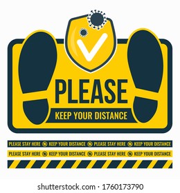 Please keep your distance. Sticker on the floor, marking with yellow tape. To keep people at a distance from each other. Avoid spreading corona virus. Yellow shield of protection. Coronavirus COVID-19