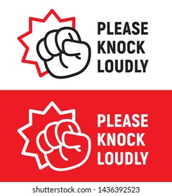 Please knock loudly. Fist beats in door. Vector illustration.
