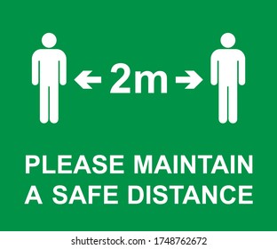 Please maintain a 2m safe distance. Health care safety sign with two meters distance graphics and text, vector illustration.