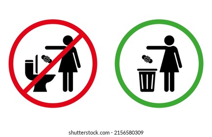 Please No Flush Litter in Toilet Sign. Allowed Throw Napkin, Paper, Pads, Towel in Waste Basket Silhouette Icon. Woman Please Throw Litter in Bin, No Toilet Pictogram. Isolated Vector Illustration.