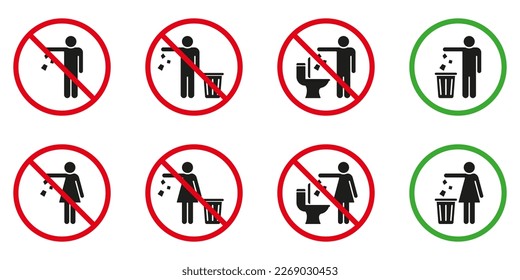 Please No Flush Litter in Toilet Sign Set. Allowed Throw Napkins, Paper, Pads, Towel Only in Waste Basket Silhouette Icon. Throw Litter in Toilet Prohibited Pictogram. Isolated Vector Illustration.