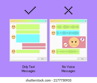 Please, no voice messaging - it makes me angry. Voice chat phobia. Social anxiety disorder illustration with retro app interface. Silent mode in mobile conversation.