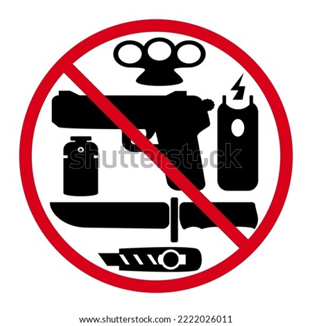 Please No weapons sign on red round with symbols of knife and hand gun