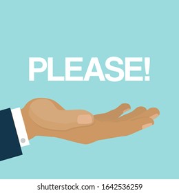 Please, open mans arm or hand, gesture of plea and request, cartoon vector illustration. Man showing gesture of plea, palm up pleased beggar.