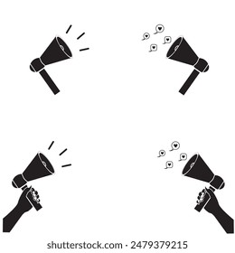 Please pay attention. Hold megaphone in hand. Loudspeaker, loudspeaker. Social media marketing concept.