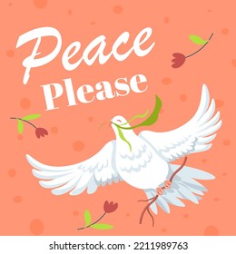 Please peace, banner with calligraphic text and flying white dove carrying blooming flower branch in beak. Avian animal with decorative ornaments and flora in blossom. Vector in flat illustration