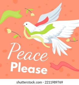 Please peace, dove bird floating in sky and carrying colorful ribbons in beak. Banner with avian animal and floral ornament, branches with leaves and flowers decoration. Vector in flat style
