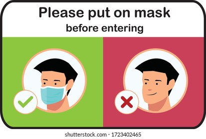 Please put on a mask before entering to the shop vector signage graphic, We're open again after quarantine, vector illustration business owner. Please wear a face mask Covid-19, Coronavirus
