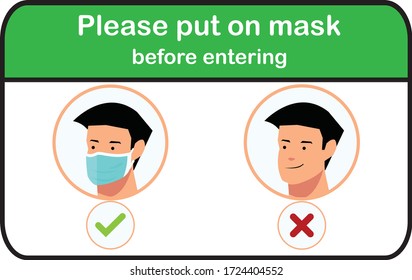 Please put on a mask before entering to the shop vector signage graphic, We're open again after quarantine, vector illustration business owner. Please wear a face mask Covid-19, Coronavirus
