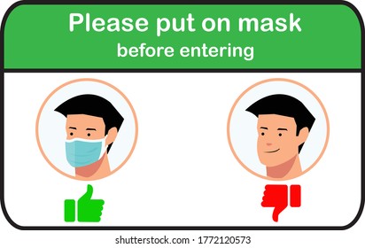 Please put on a mask before entering to the shop vector signage graphic, We're open again after quarantine, vector illustration business owner. Please wear a face mask Covid-19, Coronavirus
