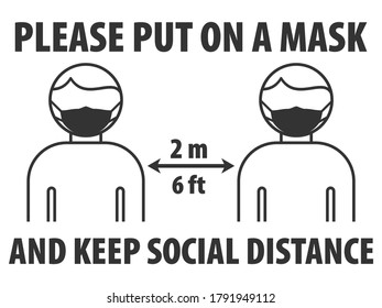Please put on a mask and Keep Social Distance.  Silhouette person with mask over their face in gray. Prevent COVID-19. Symbol can be used during coronavirus or covid outbreak. EPS10.