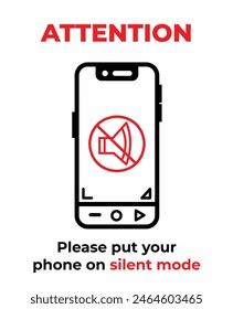 Please put your phone on silent mode with audio mute sign banner illustration isolated on vertical white background. Simple flat cartoon styled drawing for poster prints or social media graphic design