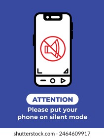 Please put your phone on silent mode with audio mute sign banner illustration isolated on vertical blue background. Simple flat cartoon styled drawing for poster prints or social media graphic design.