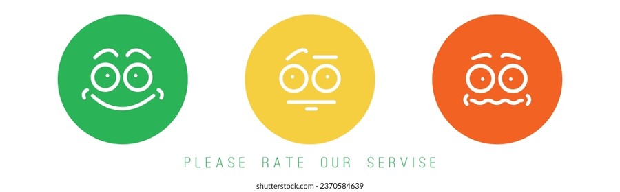 Please rate our service text. Three round icons. Sad, neutral and happy faces. Minimal simple style. Modern Vector illustration. Design templates. Feedback, rating, customer review concept
