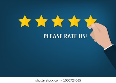 Please Rate Us Banner Wtih Customer Hand Give Five Golden Stars Vector.