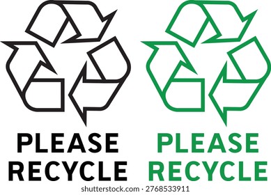 Please Recycle Symbol Icon Black and Green Outline Vector Label Sign Set