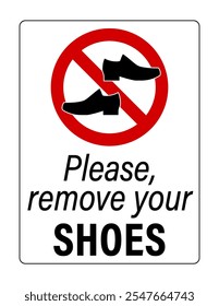 Please remove your shoes. Warning sign with a pair of shoes inside a ban symbol. Text below.