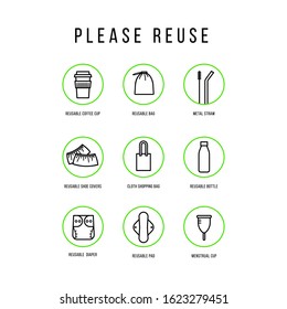 Please reuse icons set. Zero waste. Vector illustration in flat linear style