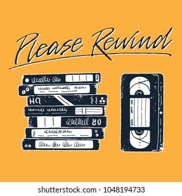 Please rewind. Hand-drawn doodle background with retro video tapes. Vector.