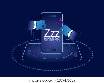 Please silence your mobile phone vector label or sign for in library or worship place with digital theme