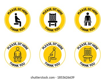 Please, sit here. You can sit here. Sitting icons. Prohibition sign. Lockdown rule. Sit on this chair. Keep your distance when you are sitting. Coronavirus prevention, icons. Vector illustration