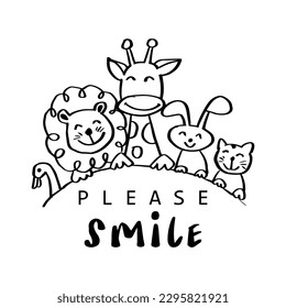 Please smile, hand lettering with cute animals. Poster concept.
