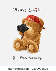 please smile slogan with bear doll holding camera vector illustration