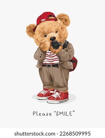 please smile slogan with cute bear doll photographer vector illustration