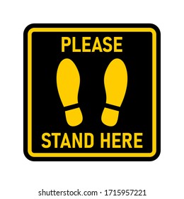 Please Stand Here Rounded Corners Square Floor Marking Icon with Text and Shoe Prints for Queue Line or Other Purposes Requiring Social Distancing. Vector Image.