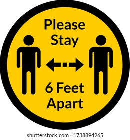 Please Stay 6 Feet Apart Round Social Distancing Instruction Sticker Icon. Vector Image.