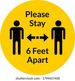 Please Stay 6 Feet Apart Round Social Distancing Instruction Sticker Icon. Vector Image.