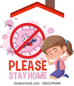 Please Stay Home banner with children and no virus sign illustration