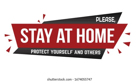 Please, stay at home banner design on white background, vector illustration