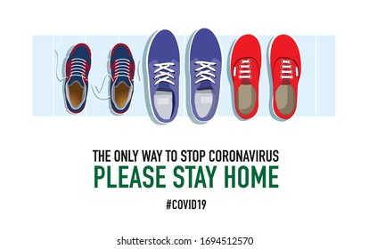 Please stay home. Family shoes near the front door. Creative typography poster concept for quarantine against epidemic covid-19. Warning illustration on white background.