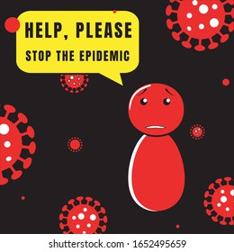 Bitte stoppen Sie das Koronavirus. bakterieller Hintergrund. Vektorillustration Symbol. Menschen Cartoon Illustration. bittet um Hilfe. China-Epidemie.  Design Concept Poster. 