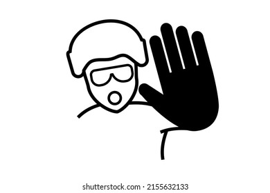 Please stop and no entry prohibited icon or sign isolated on white background. Employee, road worker or military man in a protective helmet and glasses shows a stop gesture.
