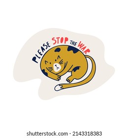 Por favor, paren la ilustración de la guerra con un gato de dibujos animados. Señal de alto a la guerra en Ucrania, Ucrania y Rusia, guerra en Ucrania y Rusia, ilustración vectorial.