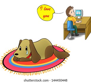 Please take care of your little lonely sad puppy dog instead of showing love via computer screen. Your pet got only you in it's whole life. Cartoon vector concept.