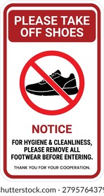 Please take off shoes notice sign. Facility etiquette related safety signs: footwear removal, cleanliness policy, hygiene requirement, indoor rules, visitor instruction and workplace compliance communication. Editable vector template. Vector illustration.