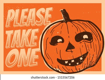 Please Take One Candy Halloween Door Sign Standard Print Paper Size Orange Cartoon Pumpkin Vintage Distressed Style